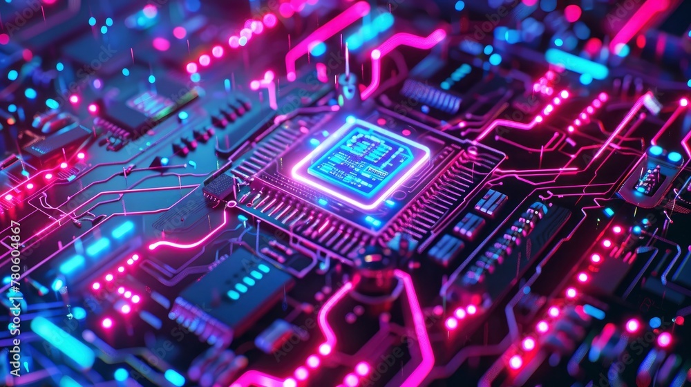 A futuristic and high-tech background featuring neon pink, blue, and purple lights on circuit board patterns