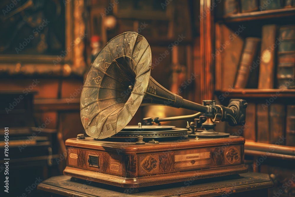 the old gramophone centrally on the aged background to create a nostalgic focal point.