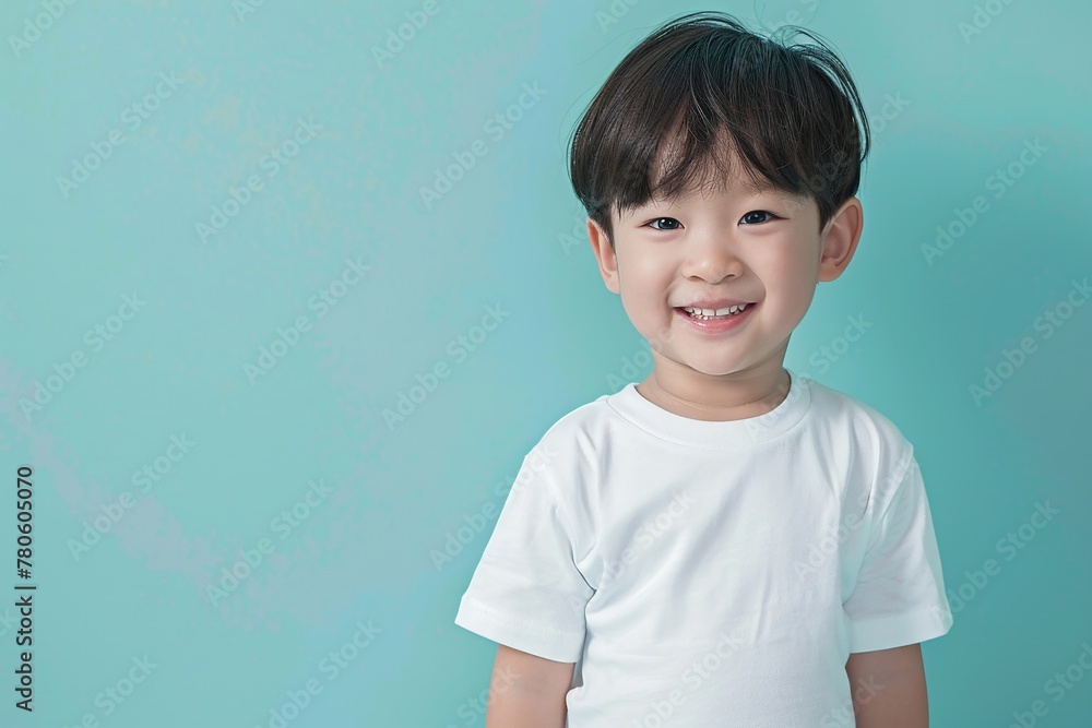 Happy Asian child wearing a white tee, against a soft pastel background, ideal for kids' t-shirt store promotions. Happy Asian child wearing a white tee, against a soft pastel background, ideal for kids' t-shirt store promotions.