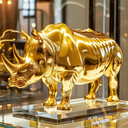 Opulent gold rhino statuette, sturdy and strong, representing solid assets, on a clear display