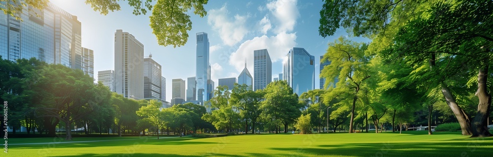 beautiful cityscape in daylight from a green park 