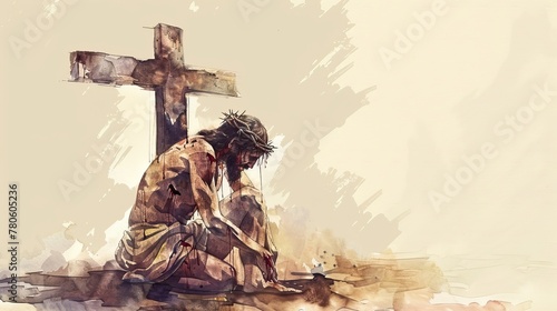 Background of the cross in a watercolor painting of Jesus Christ kneeling