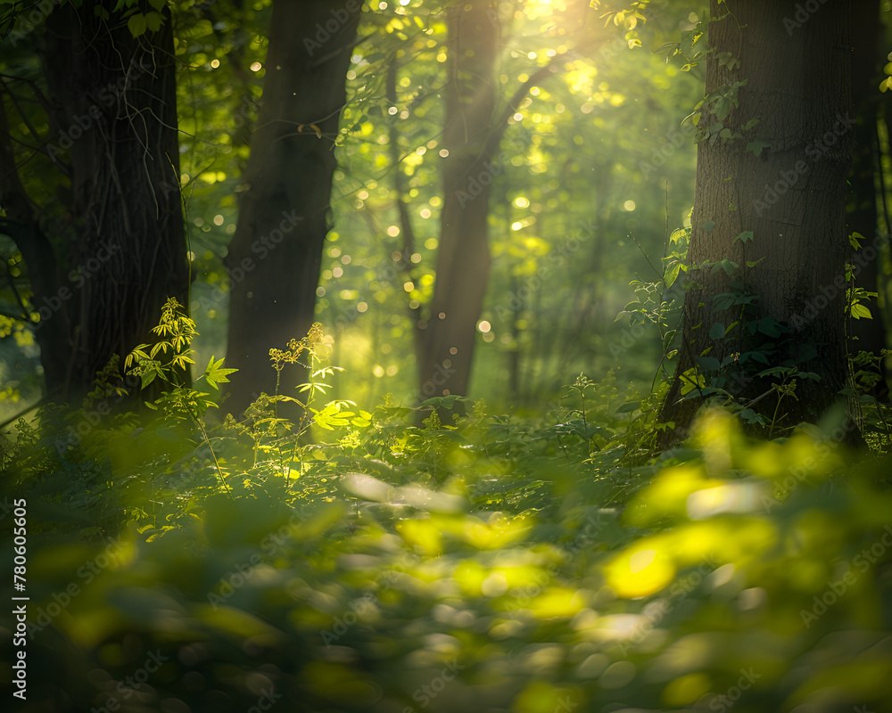 Fototapeta premium A peaceful forest glade with dappled sunlight