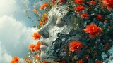 Dreamlike digital illustration presenting a surreal interpretation of life, freedom, and hope, with vibrant flowers emerging from broken human sculptures.