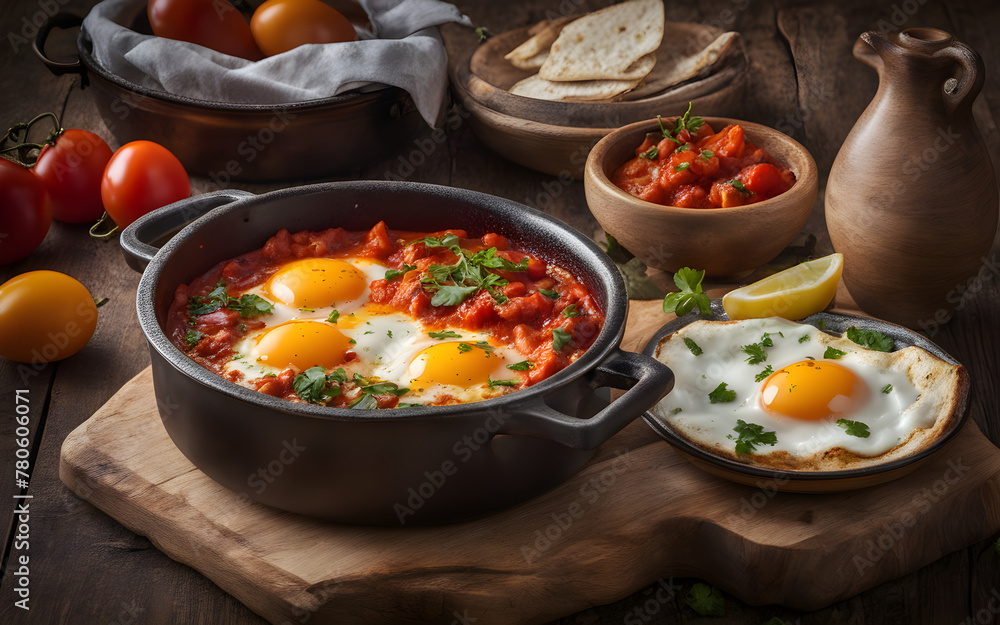 Middle Eastern shakshuka, eggs poached in spicy tomato sauce, iron pan, rustic table