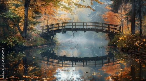 Realistic photo of a rustic wooden bridge crossing a peaceful river, colorful fall foliage reflections, early morning ambiance © Stone Story