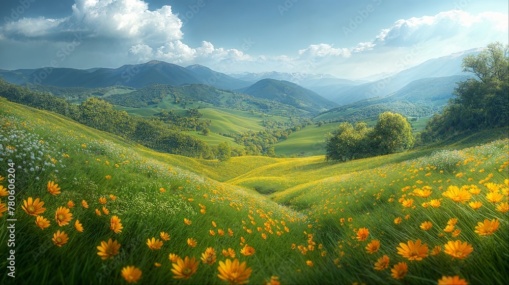 Golden Flowery Meadows with Majestic Mountains