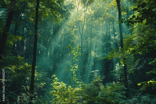 Deep forest in summer, photorealistic image capturing the dense green canopy ,ultra HD,clean sharp,high resulution