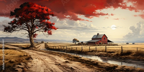 Red and white barn house building landsacpe. Countryside nature outdoor meadow farm scene background view