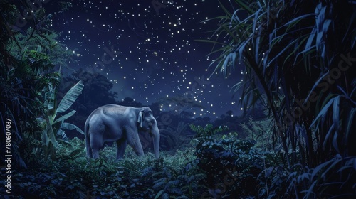 Under the serene glow of starlight, an elephant moves through the forest, its presence as soft as a whisper among the dreaming leaves no dust © kitidach