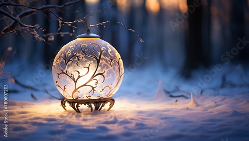 Glass balls hanging from branches. Christmas lights.枝か​​らぶら下がっているガラス球。クリスマス ライト。Generative AI	 photo
