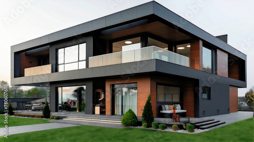 Modern house exterior design, two-story black and gray color wit © Darko