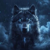 Astra wolf, glowing eyes, surrounded by cosmic energy, symbolizing untamed power and instinct, starry night backdrop hyper realistic