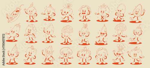 Funny vegetables retro cartoon characters sticker set. Modern label with cute comics characters. Hand drawn doodles of comic mascot. Set in modern cartoon style. 70s retro vibes.
