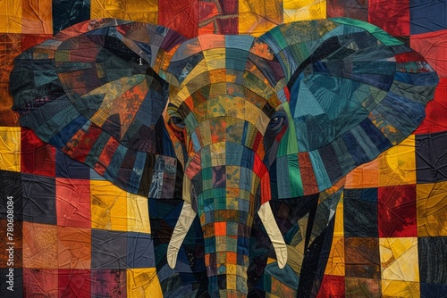 Elephant, patchwork skin texture, kaleidoscopic colors, abstracted into cubist shapes, representing memory and time low noise