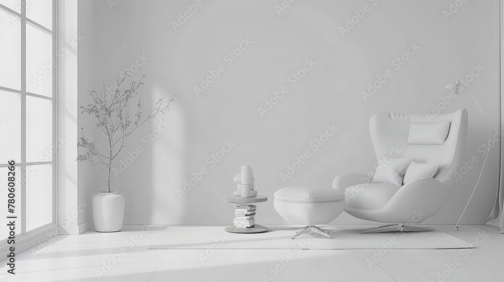 the elegance of a white room adorned with a plush armchair as the focal point, enhanced by the presence of a vase filled with colorful blooms, creating a tranquil and inviting scene. the elegance of a white room adorned with a plush armchair as the focal point, enhanced by the presence of a vase filled with colorful blooms, creating a tranquil and inviting scene.