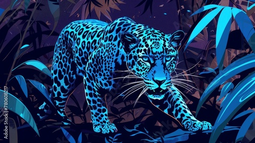 A vector illustration of a blue tawny leopard in the retro poster style with neon colors and black outlines