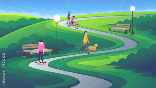 A group of people walks in a city park. Child rides a skateboard, dad teaches daughter to ride a bike, a man walks a dog. Street leisure activities in cartoon style.