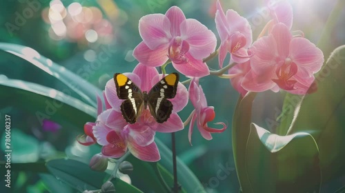 the beauty of blooming orchids and butterfly . seamless looping time-lapse virtual video Animation Background. photo