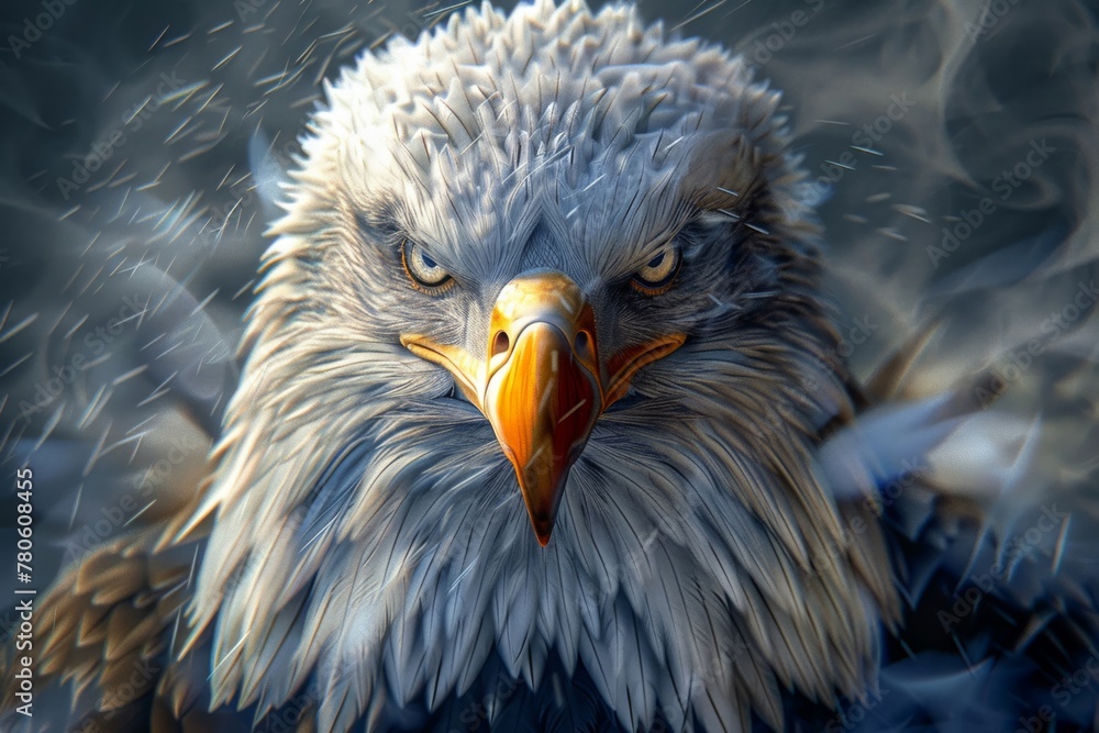 Fototapeta premium Majestic eagle, abstract form, sharp angles for feathers, highcontrast colors, piercing gaze, skythemed backdrop 3D rendering