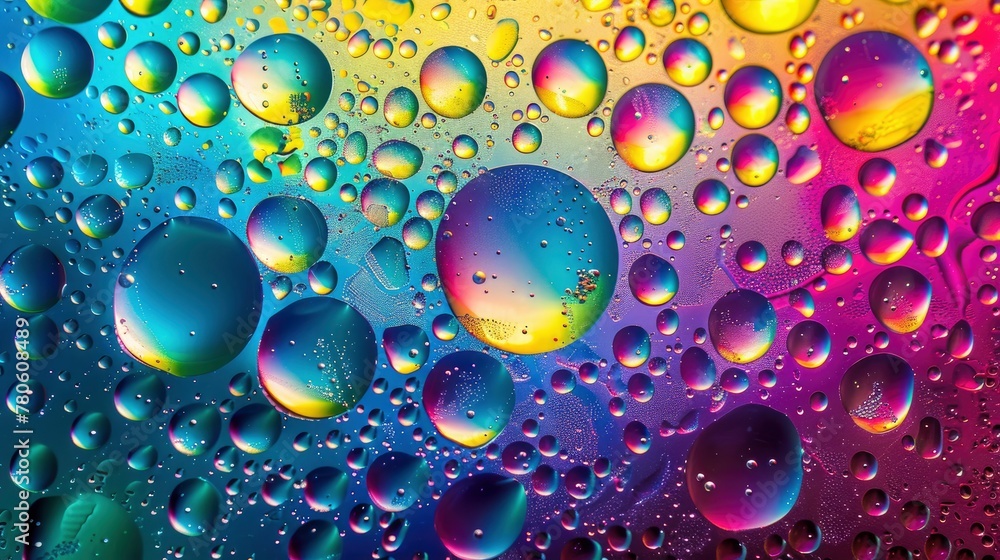 A vibrant rainbow-colored background with oil droplets, each containing different colors and shapes of liquid inside them. The droplets create an abstract pattern that adds energy to the composition