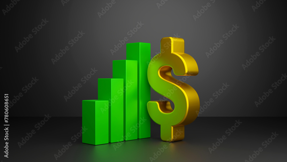 3d growth chart of the dollar on black background. Investing in currency on black background. Business financial trading concept. Financial graph with dollar sign on black background. 3d growth chart of the dollar on black background. Investing in currency on black background. Business financial trading concept. Financial graph with dollar sign on black background.