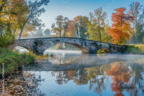 Weathered bridge across a serene river, enveloped in early morning light, with autumn leaves creating colorful reflections