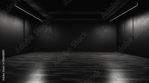 Empty black walled room with light bulbs illuminating the room © Yonlada