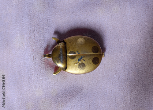 Vintage pocket watch designed as a beetle is isolated in whitish background 