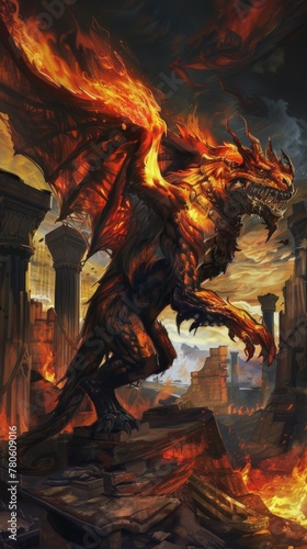 The Chimera, a creature of fire and shadow, guards the ruins, its presence a link to the ancient mysteries and legends of a forgotten age low noise