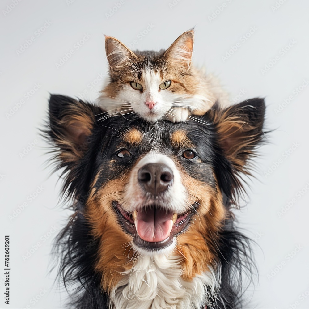 Fototapeta premium Adorable Cat Perched on Dog's Head Symbolizes Cross-Species Friendship