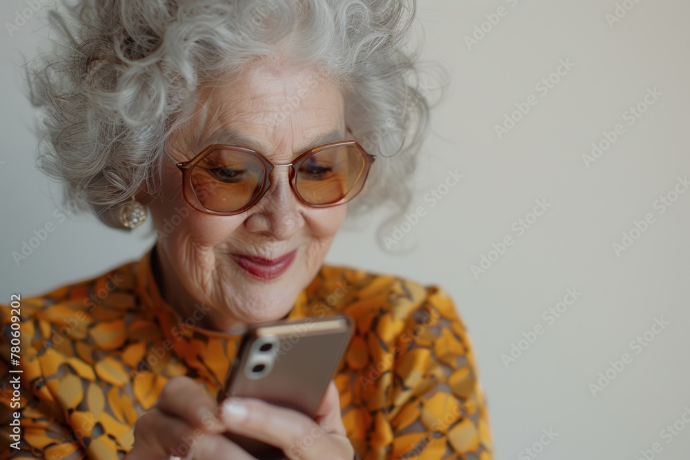 Stylish senior woman, old yet elegant, smiles at smartphone screen against white backdrop Stylish senior woman, old yet elegant, smiles at smartphone screen against white backdrop