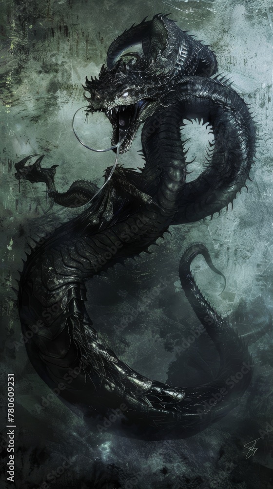 The Basilisk, a creature of nightmare and legend, weaves between serpentine shadows, its stare petrifying, its whispers tempting fate no splash