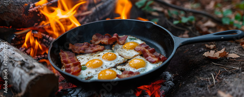 Camping breakfast with Cured meat and fried eggs in a iron skillet in the forest , Food at the camp , fire , Picnic , pan