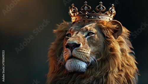 Majestic lion with golden crown against dark background exudes regal power