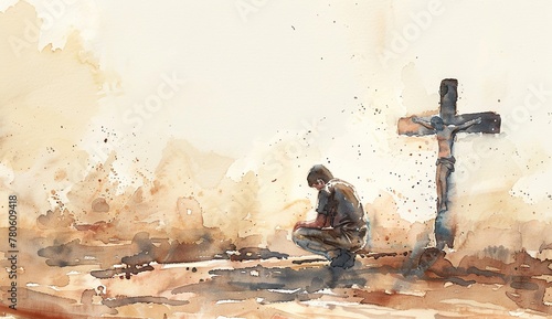 Kneeling man in misty watercolor prays before cross in devotion