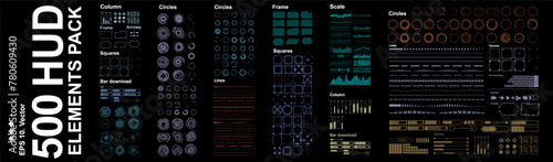 Big futuristic set of graphic elements for the HUD user interface. Circles, frames, arrows, pointers, lines and scales. Modern vector HUD elements set