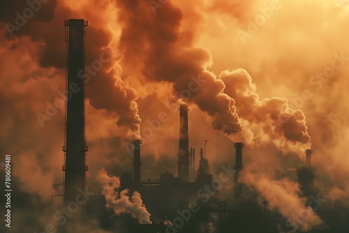 Smoking factory chimney pipes release harmful substances into the atmosphere that pollute the environment and increase global warming. AI generative image. 