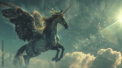 In the realm of the sky  a Pegasus soars  its mane a cascade of starlight  each beat of its wings a whisper to the wind  calling forth the celestial dance hyper realistic