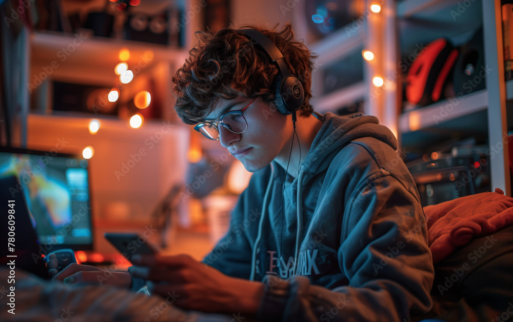 Teenager using smartphone in his bedroom Teenager using smartphone in his bedroom