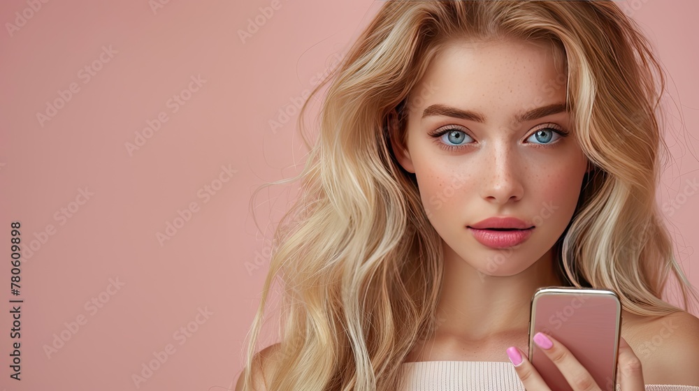 Beautiful young blonde woman with blue eyes holding cell phone in hand.