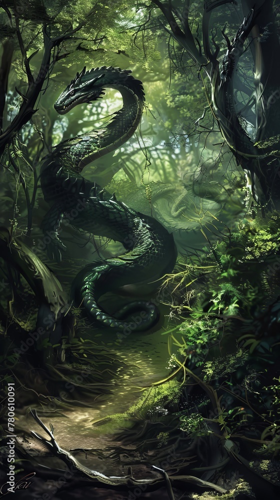 In the heart of the ancient forest, the Basilisks eyes gleam, its shadow a serpentine trail, whispering forbidden tales to those who dare listen no dust In the heart of the ancient forest, the Basilisks eyes gleam, its shadow a serpentine trail, whispering forbidden tales to those who dare listen no dust