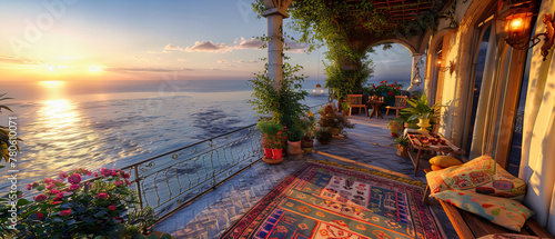 Picturesque Sunset Over a Mediterranean Island, Capturing the Serene Beauty of Greek Architecture and Seascape