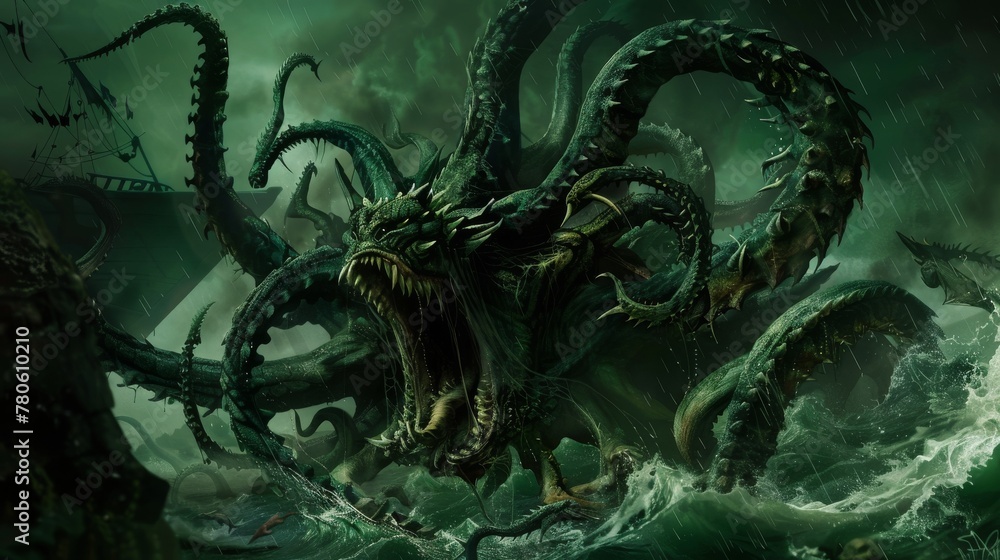 In the abyssal depths, a Hydra stirs, its many heads regenerating in the dark water, a creature of sea fury and ancient might no splash