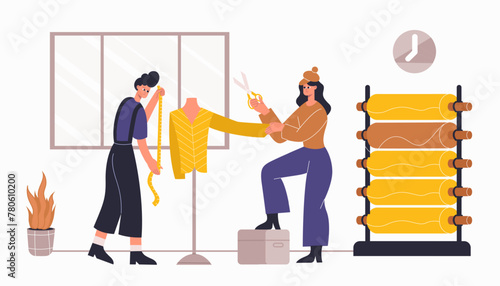 Fashion atelier workers, tailoring and sewing clothes