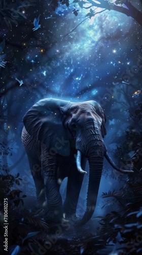 In a world where starlight guides the way, an elephant wanders amidst the whispering leaves, every step a part of its gentle dream low noise