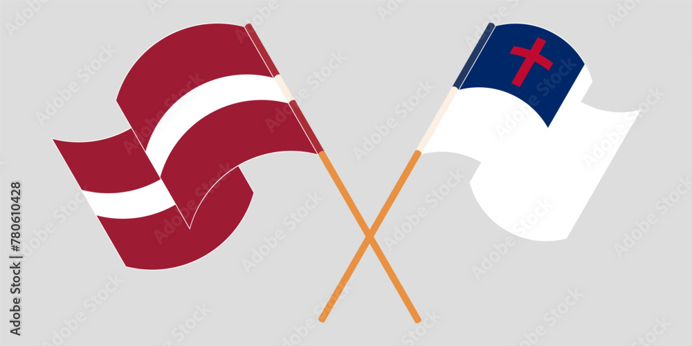 Crossed and waving flags of Latvia and christianity Crossed and waving flags of Latvia and christianity