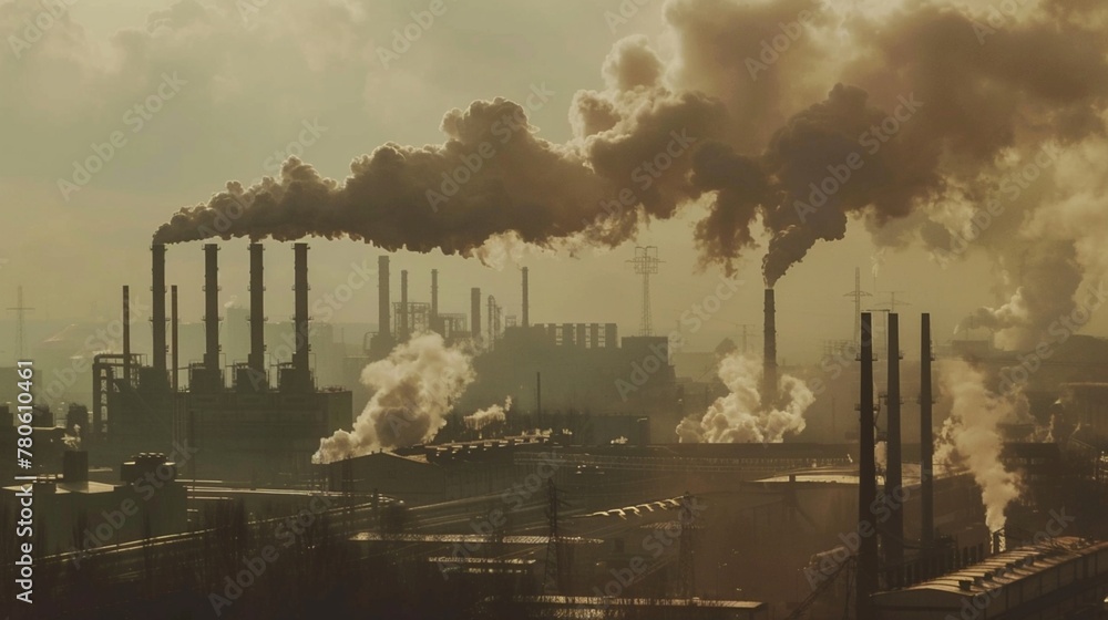 A factory emitting thick smoke into the air, illustrating the environmental impact of industrial pollution on nearby communities.