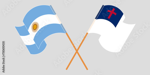 Crossed and waving flags of Argentina and christianity