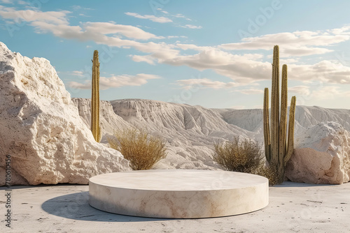 Stone podium platform in desert background. Mountains, sand and cactus